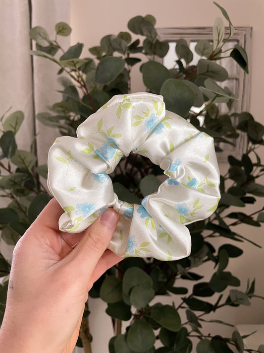 Baby Blue Floral Satin Cottagecore Scrunchie
