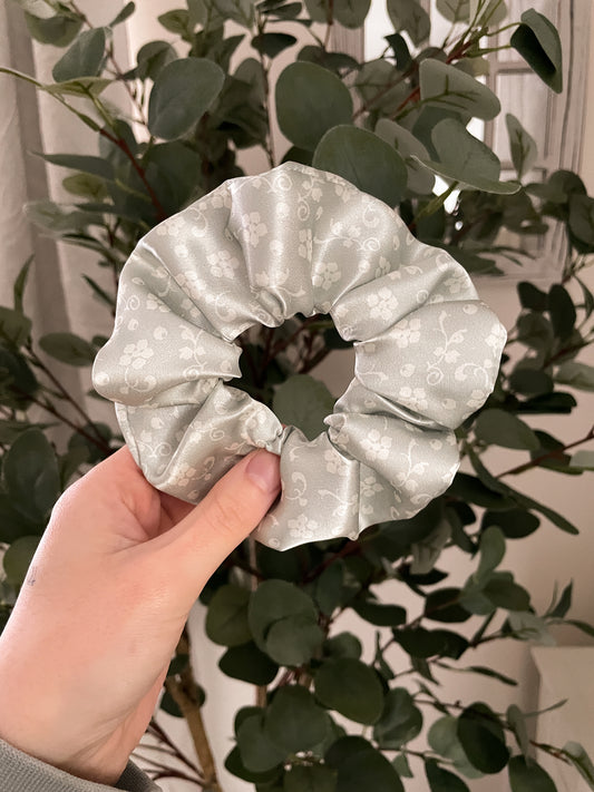 Sage Floral Satin Cottagecore Scrunchie