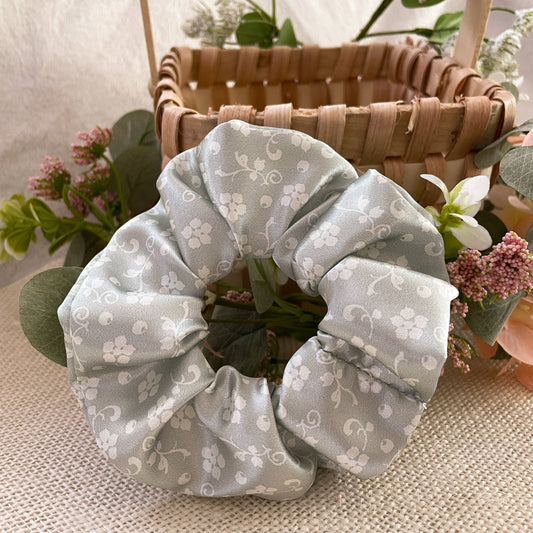 Sage Floral Satin Cottagecore Scrunchie