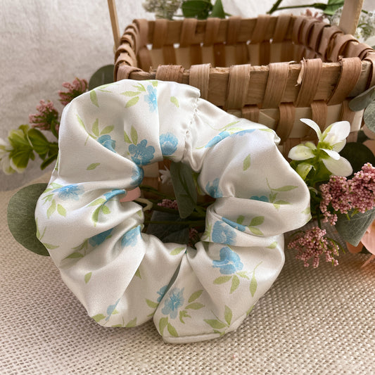 Baby Blue Floral Satin Cottagecore Scrunchie