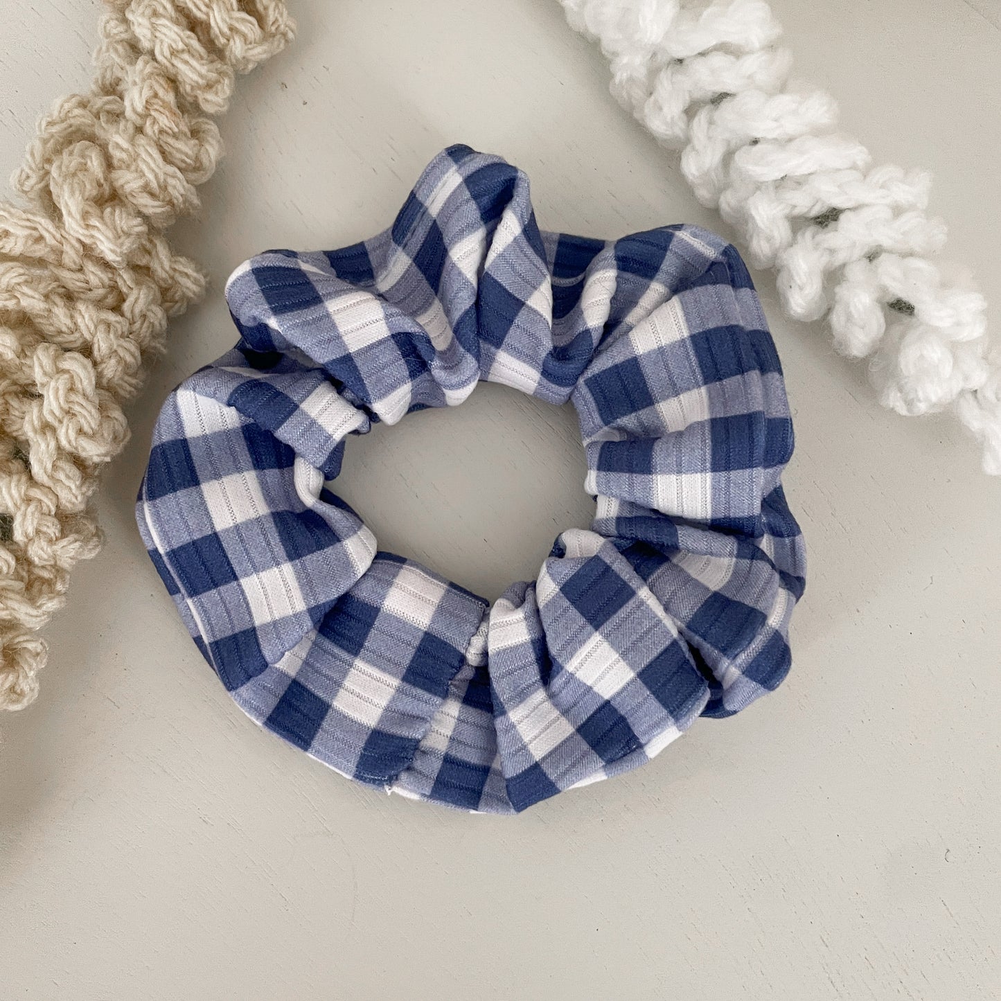 Blue and White Plaid Scrunchie