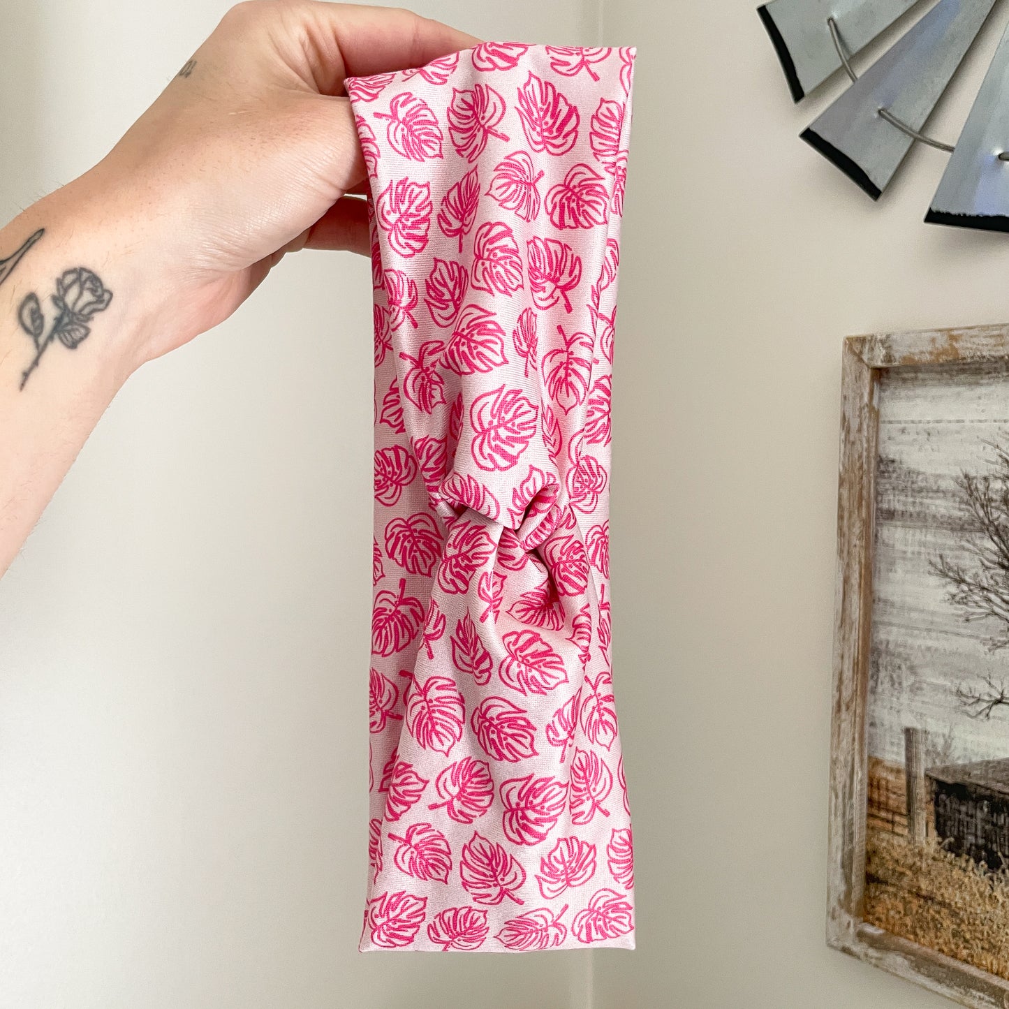 Pink Monstera Twist Headband